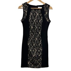 Katherine Barclay Lace Cocktail Dress Sz M Black Beige Fitted Sleeveless Party